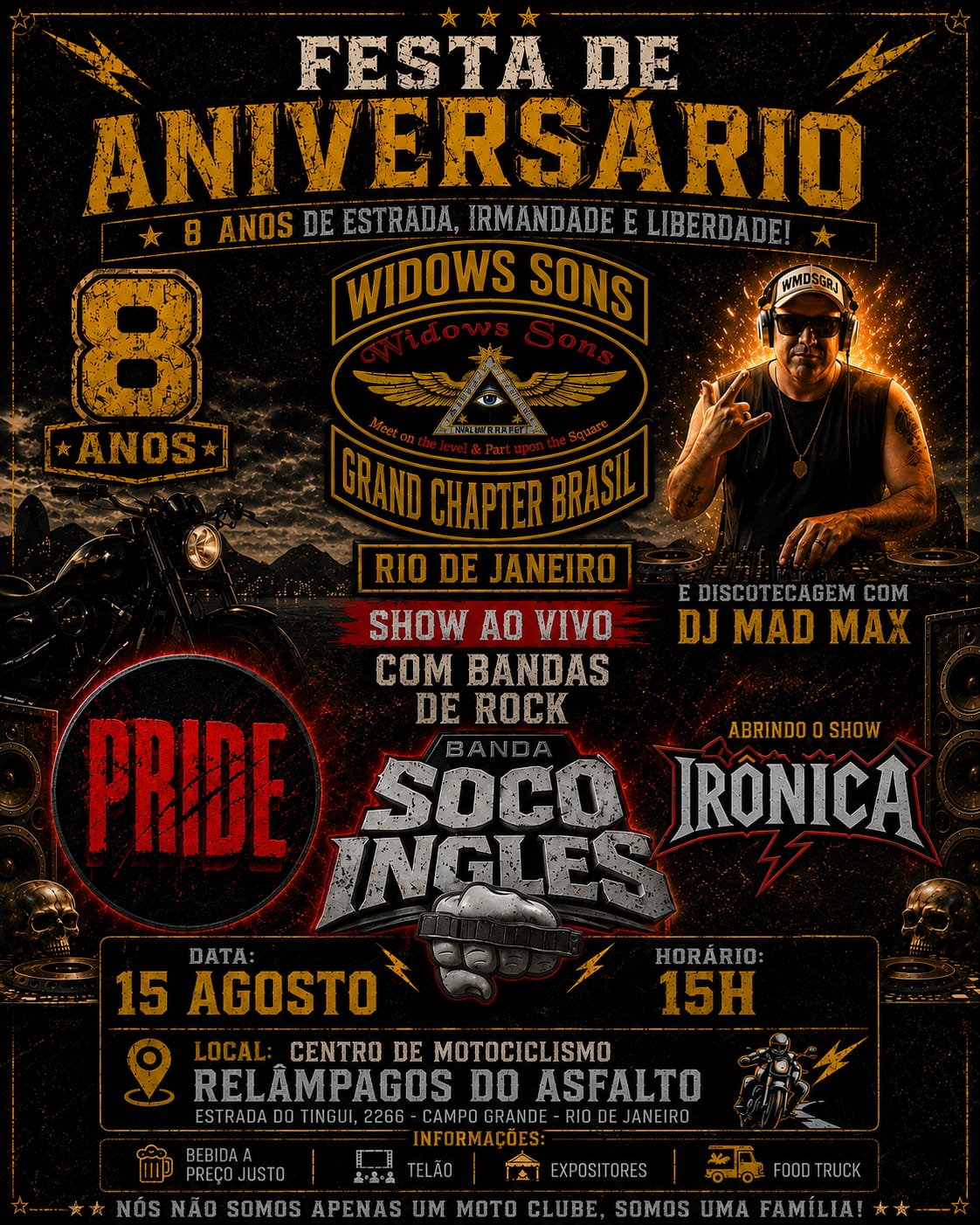 Flyer — Festa de Aniversário 8 Anos — Widows Sons Grand Chapter Brasil
