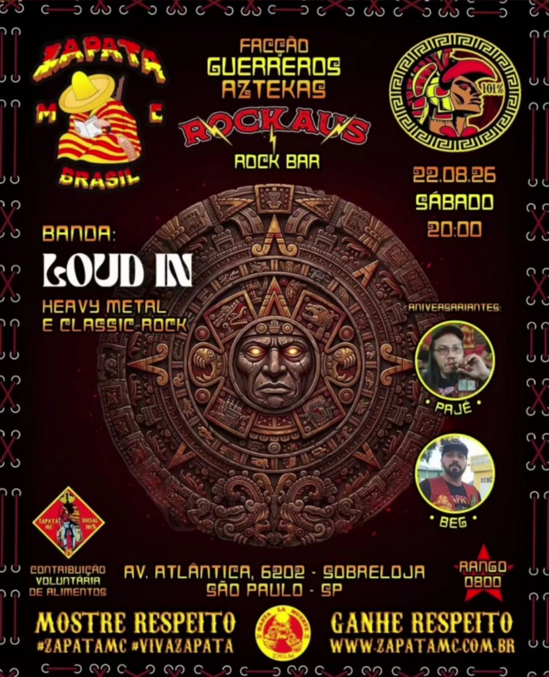 Flyer — Zapata MC e Facção Guerreros Aztekas no Rockaus Rock Bar