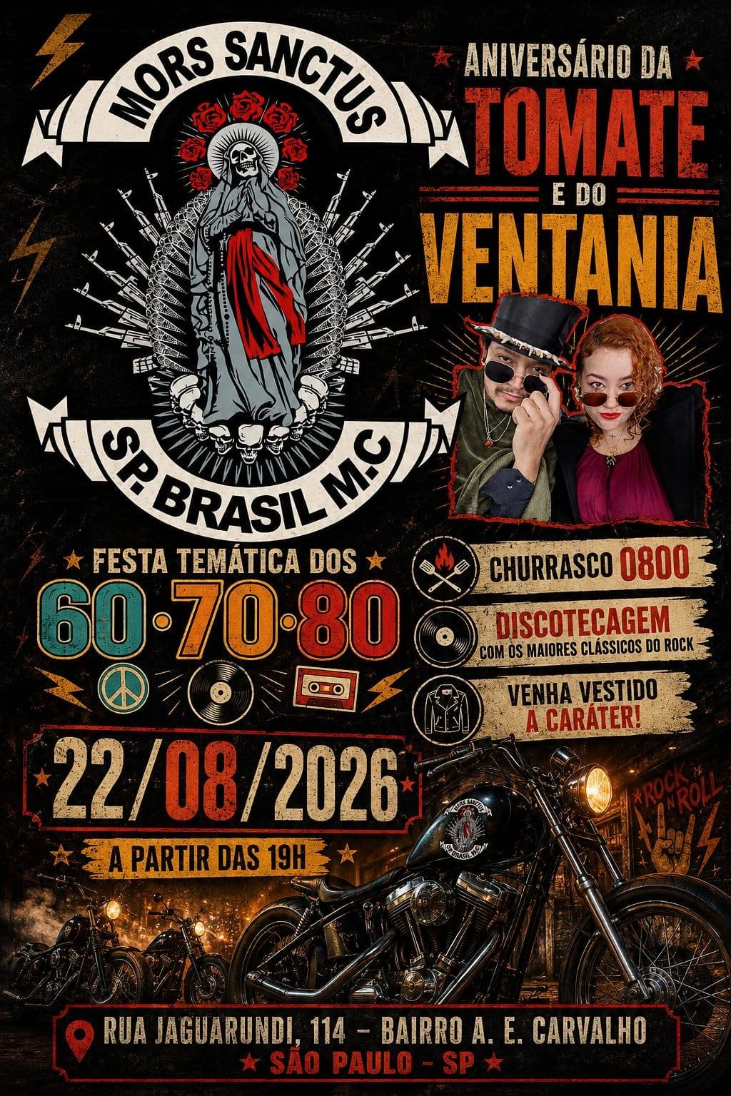 Flyer — Aniversário da Tomate e do Ventania - Festa Temática 60/70/80 - Mors Sanctus SP Brasil MC