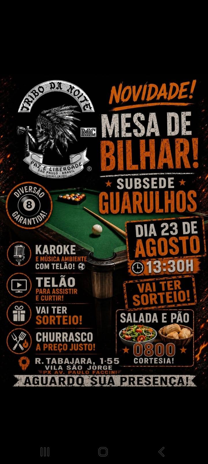 Flyer — Novidade Mesa de Bilhar - Subsede Guarulhos - Tribo da Noite MC