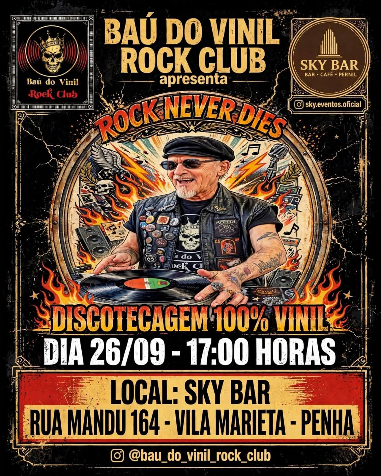 Flyer — Rock Never Dies — Baú do Vinil Rock Club