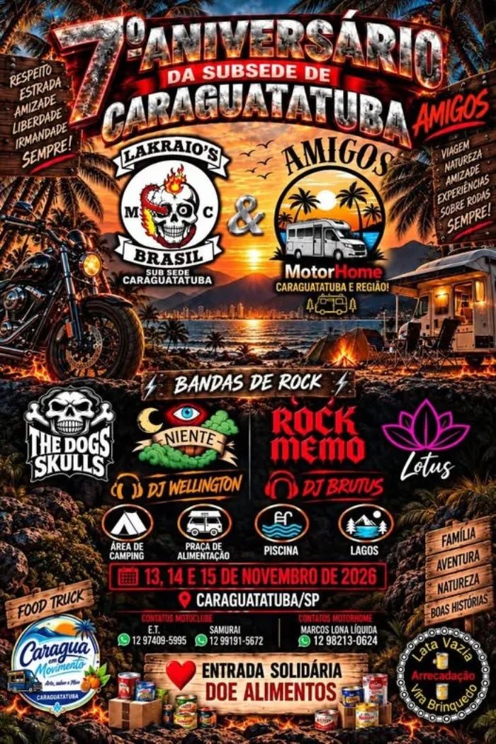 Flyer — 7º Aniversário da Subsede de Caraguatatuba — Lakraio's MC Brasil e Amigos Motorhome