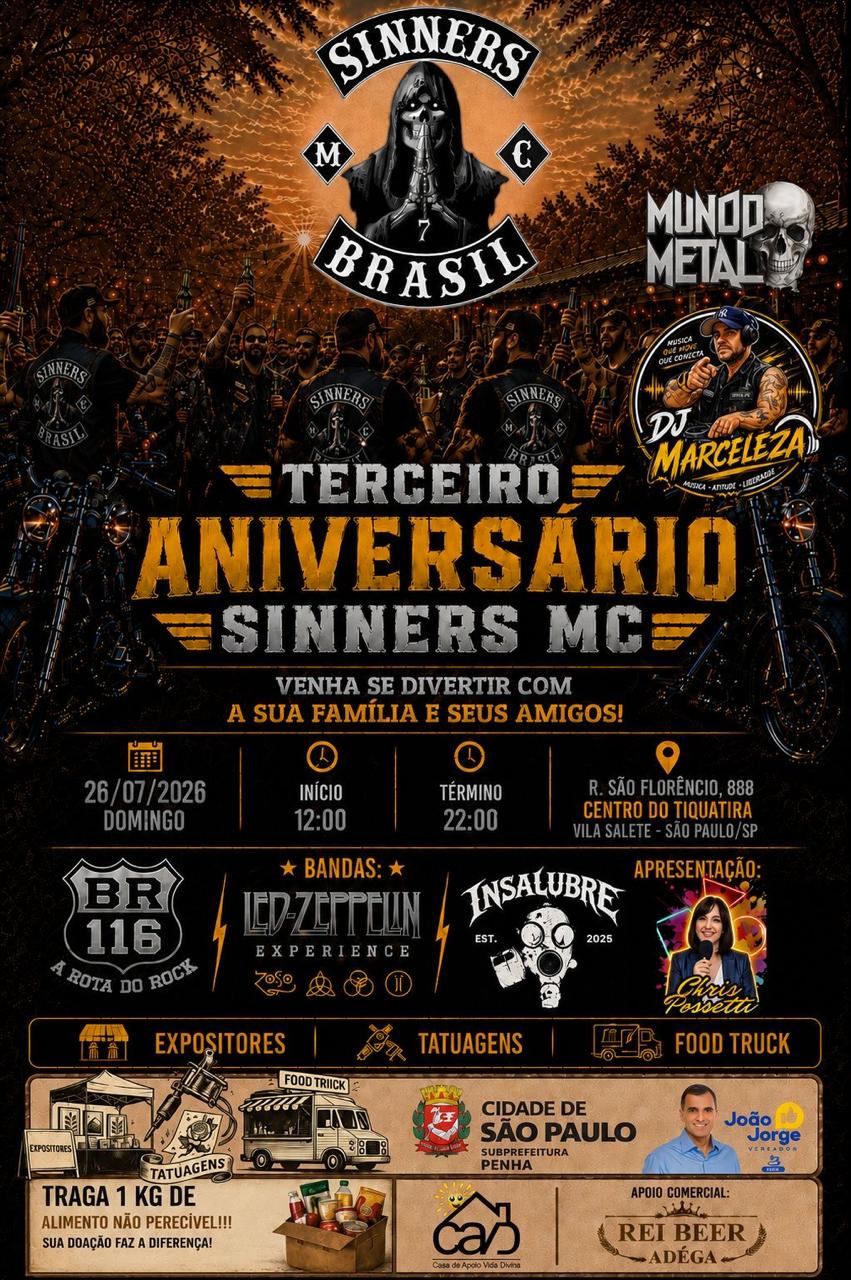 Flyer — Terceiro Aniversário Sinners MC Brasil